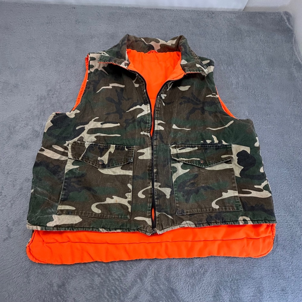 Sports Afield Mens XL Reversible Hunting Vest Camo Blaze Orange Zip AS IS